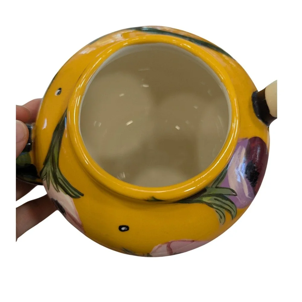 Droll Designs Hand Painted Floral Ceramic Teapot Yellow Striped Handle Whimsical